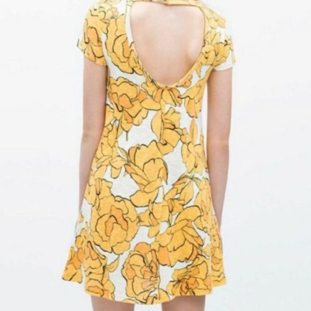 Bold Yellow Floral Mini Dress – Soft Knit with Open Scoop Back & Short Sleeves